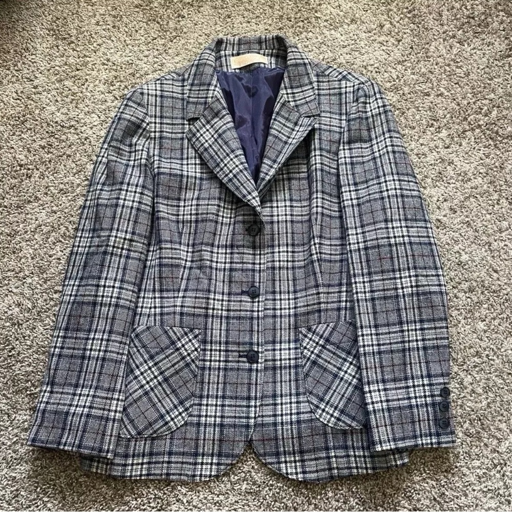 Pendleton Wool Blazer Womens 16 Plaid 100% Virgin Wool Gray Blue USA Western 80s